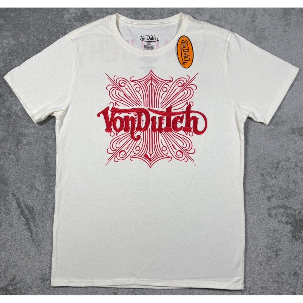 NWT Von Dutch Men's Med White Double Sided Embroidered Graphic T-Shirt Y2K